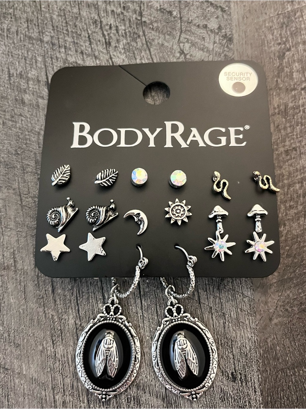 Body Rage Celestial Bug Insects Moth 9 Pair Earrings Set Black Silver NWT